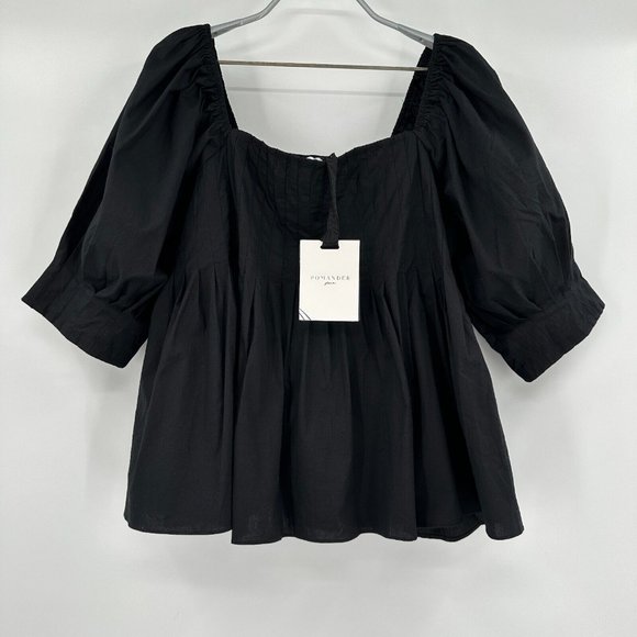 Pomander Place by Tuckernuck Black Shaye Blouse sz M NWT Puff Sleeve Pleated